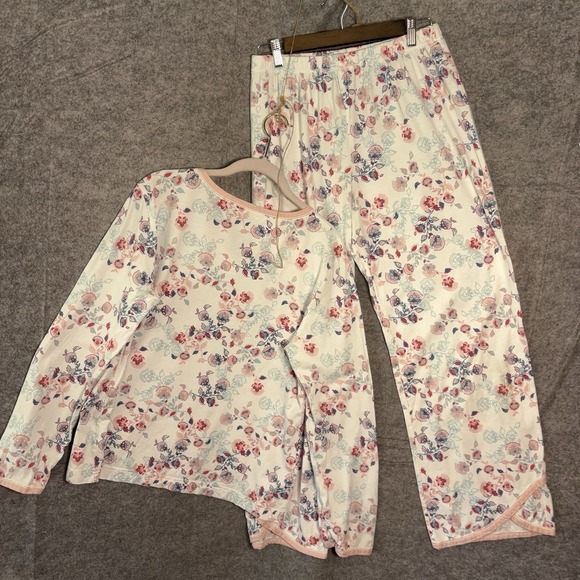 Garnet Hill Asian Wrap Pajama Set Womens Sz M White Floral Organic Lightweight - Picture 2 of 13